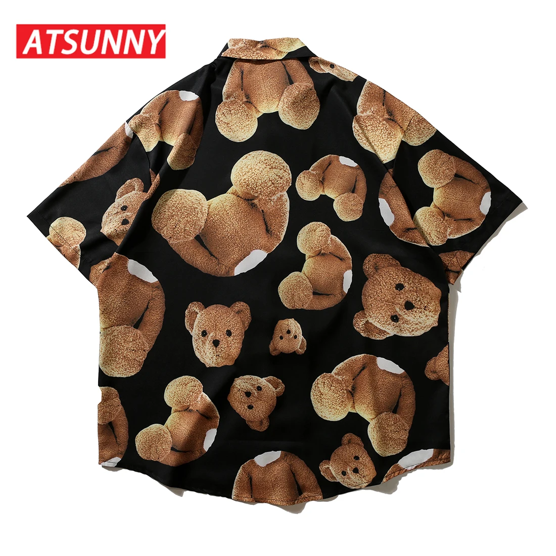 ATSUNNY Bear Print Short Sleeve Shirt HipHop Streetwear Casual Shirt Man Summer Fashion Hawaiian Shirts Tops