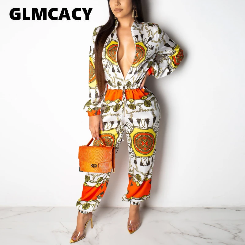 Women Long Sleeve Zip Up Jumpsuit Vintage Printed Regular Fit Long Jumpsuit Elegant Holidays Beachwear Office Lady Workwear
