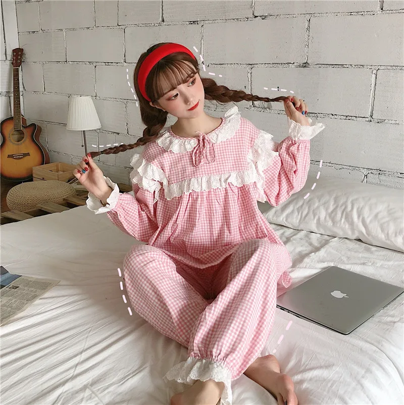 

Harajpee Women Pajamas 2021 Spring Autumn Korea Sweet Temperament Ladies Long-Sleeved Pure Cotton Casual Lace Plaid Home Wear