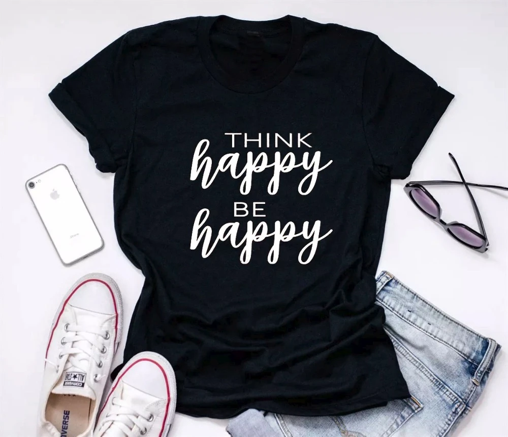 

Think happy be happy t-shirt simple style cool girl fashion tee cotton quality soft grunge tumblr top aesthetic t shirt K706