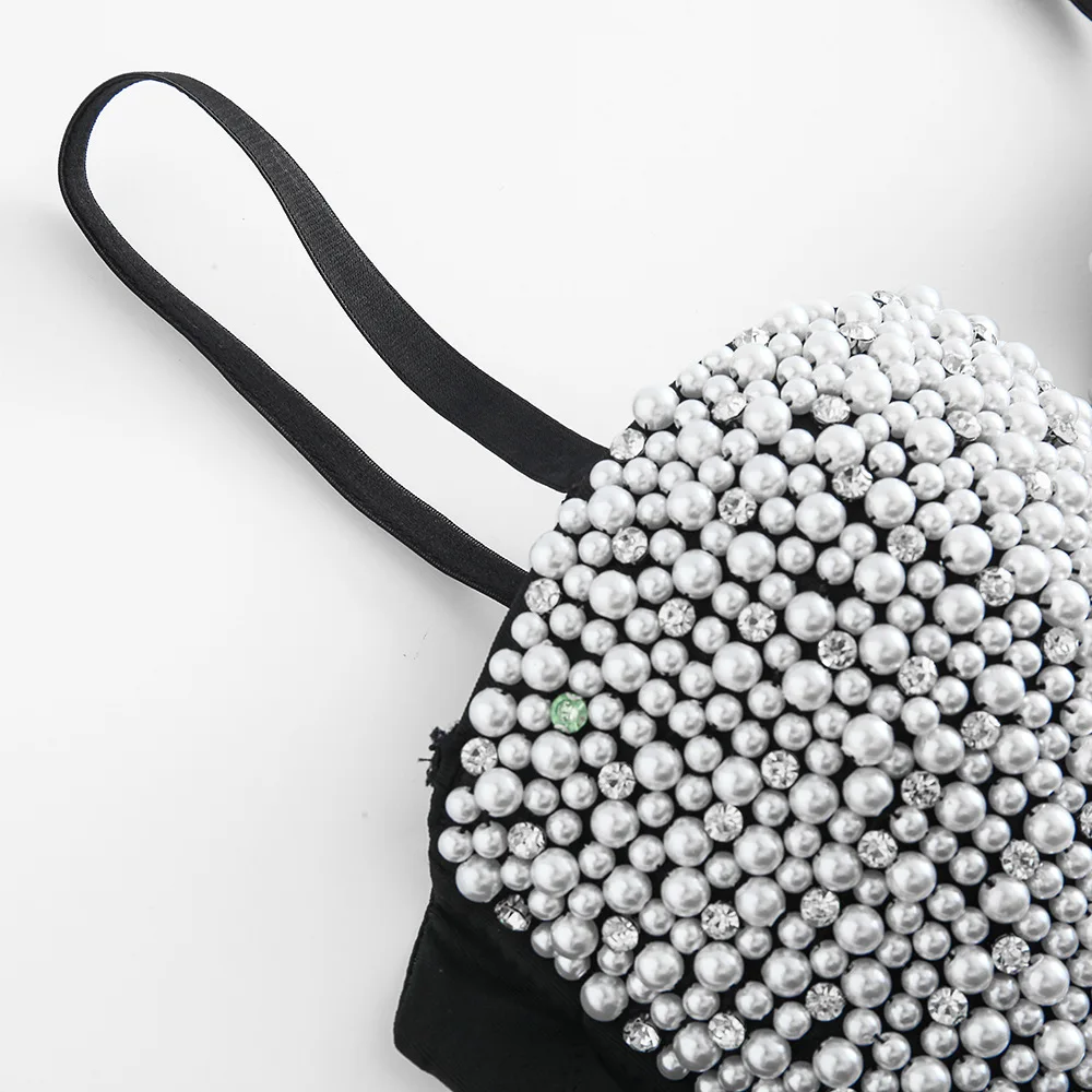 Atoshare High-quality Pearl Rhinestone Cropped Top Women Festival Black Top for Party Wedding