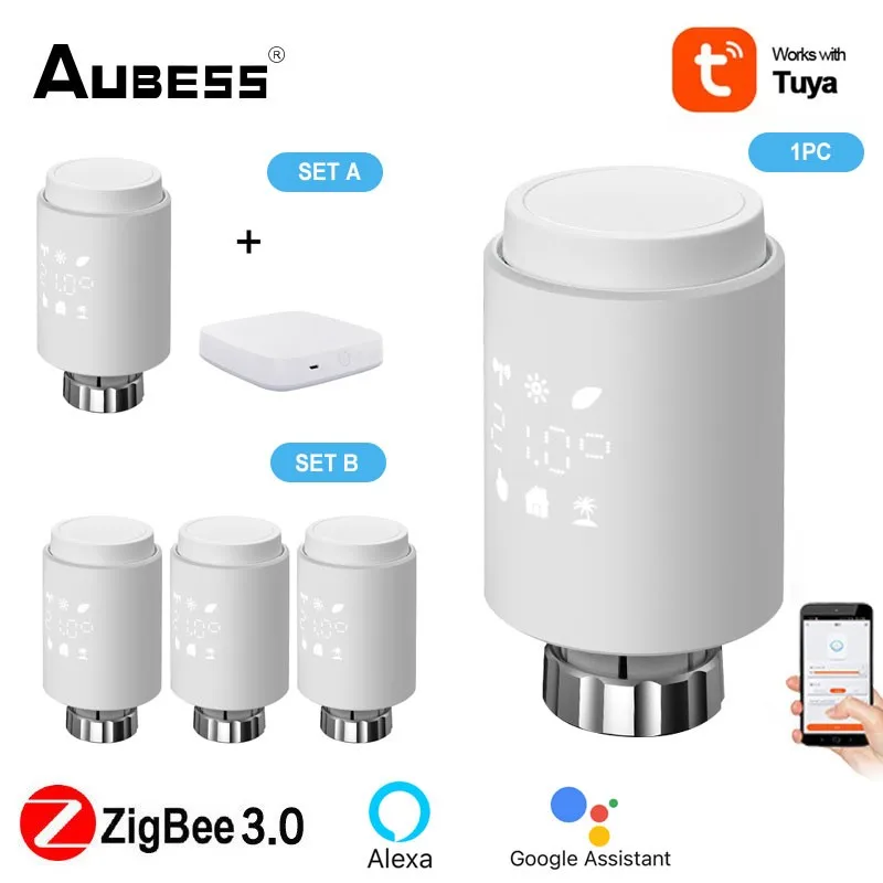 

Aubess Tuya ZigBee Smart Radiator Actuator Touchable Display Thermostatic Radiator Temperature Controller With Alexa Google Home