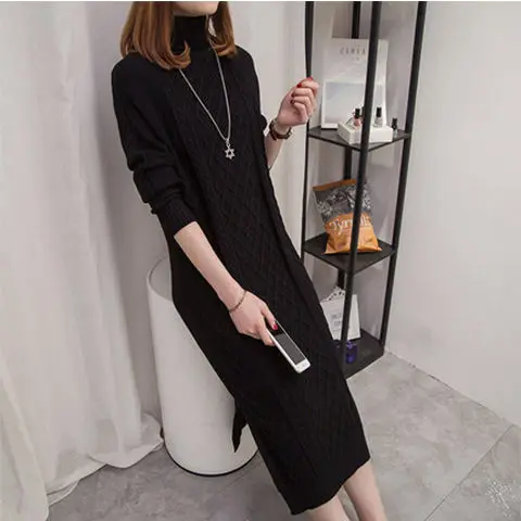 

Women Autumn Winter Loose Thick Warm Knit Dresses Female Solid Color Turtleneck Sweater Dress Ladies Long Mid-calf Dress P67
