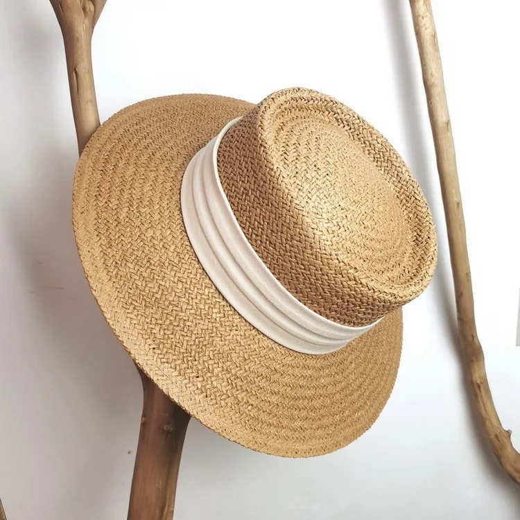 

British style, retro straw hat, panama hat, flat top hat, cool and breathable in summer, beach hat, sun hat