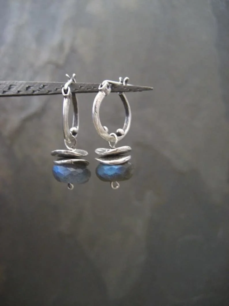 

Labradorite hoops small hoops labradorite dangle silver hoops gemstone hoops blue gray silver dangle oxidized hoops earring