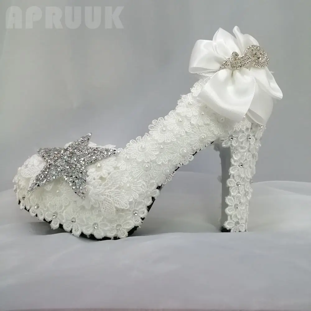 

Platforms lace pumps shoes woman new arrival 2020 ladies wedding bride pumps 11CM super high block heel big plus size