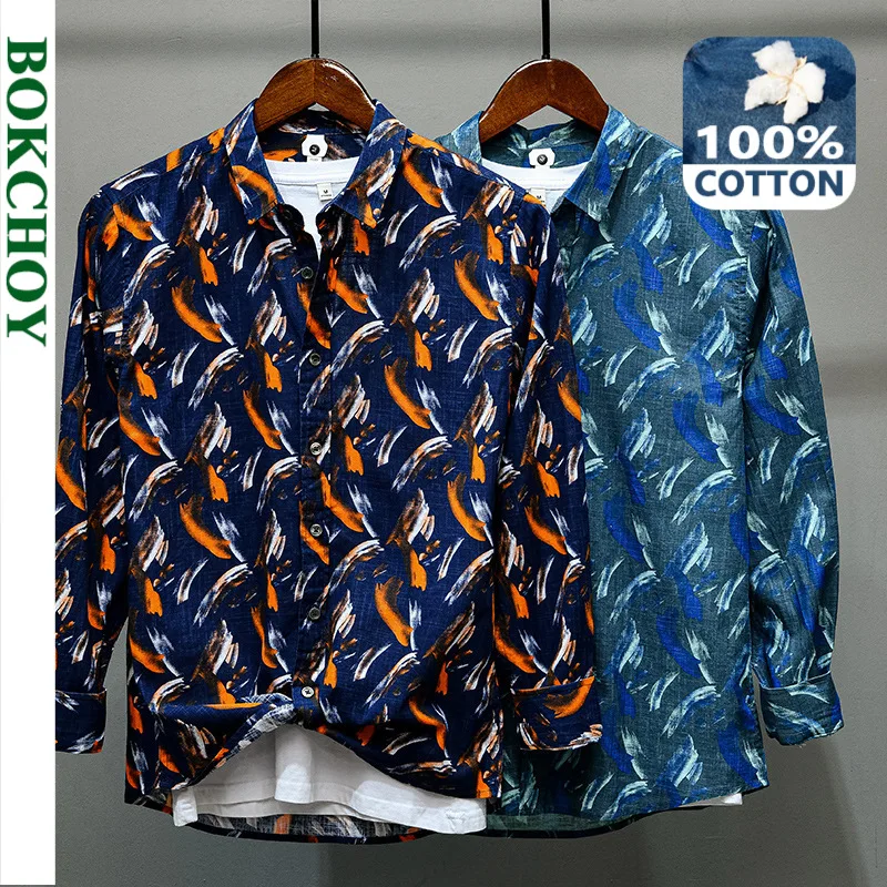 

2021 Spring New Men Cotton Long Sleeve Shirts Hawaiian Beach Style L850