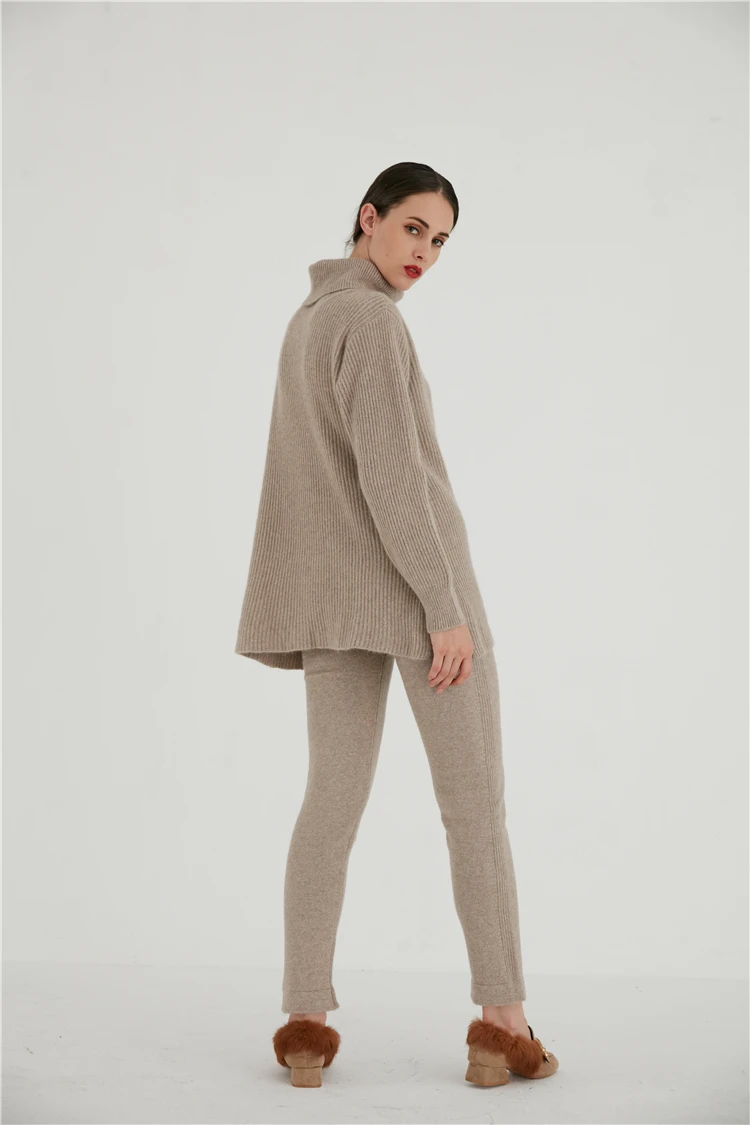 

2020 Promotion Winter New Pure Cashmere Casual Knit Suit High Collar Loose Sweater Leg Pants Woman High-end Custom Two-piece