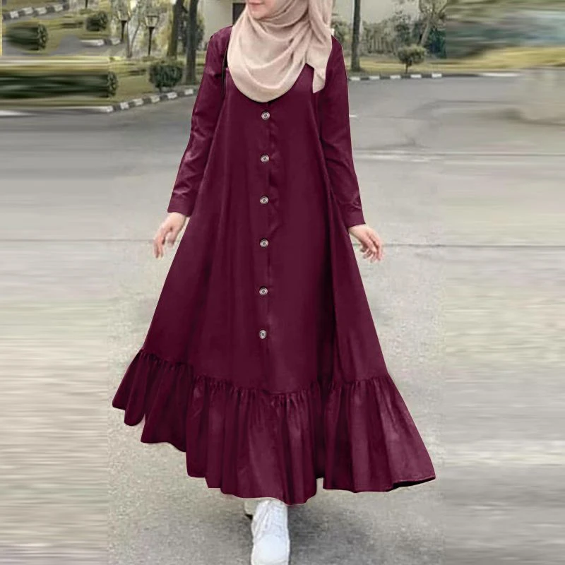 

French Women's Print Muslim Dress Dubai Turkish Ruffle Dress Kaftan Maxi Vestidos Female Button Islam Clothing Robe Oversized