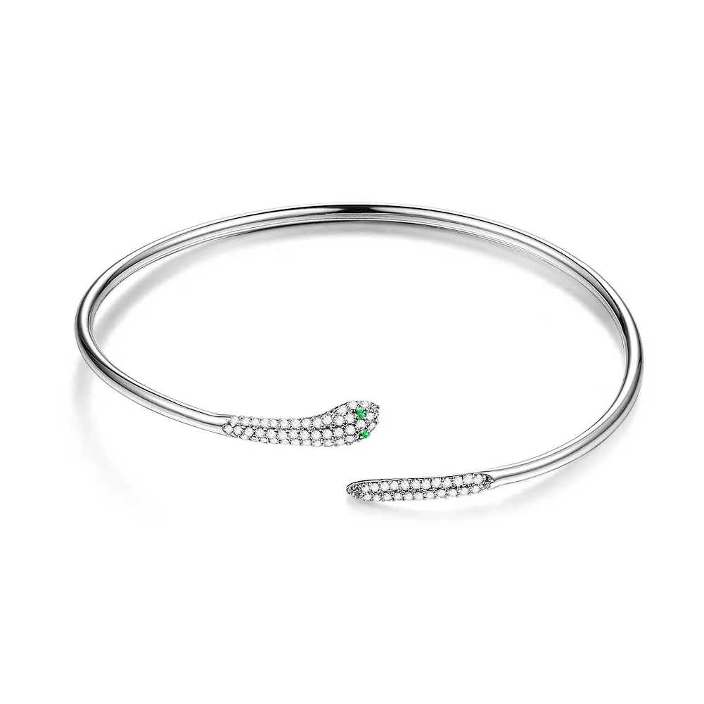 

INALIS Brand Bangle For Women 925 Sterling Silver Rattle Snake Shape Green Eye Inlay Zircon Bangle Love Cute Animal Fine Jewelry