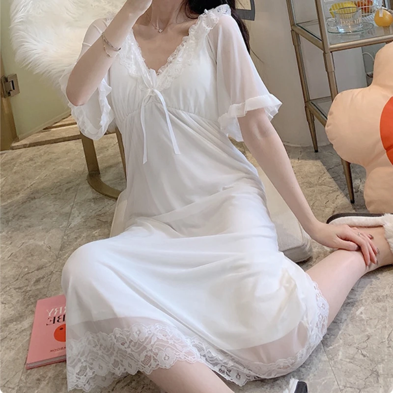 

Vintage Nightgowns Women Modal Sexy V Neck Nighty Victorian Lolita Night Dress Princess Sleepwear White Lace Peignoir Loungewear