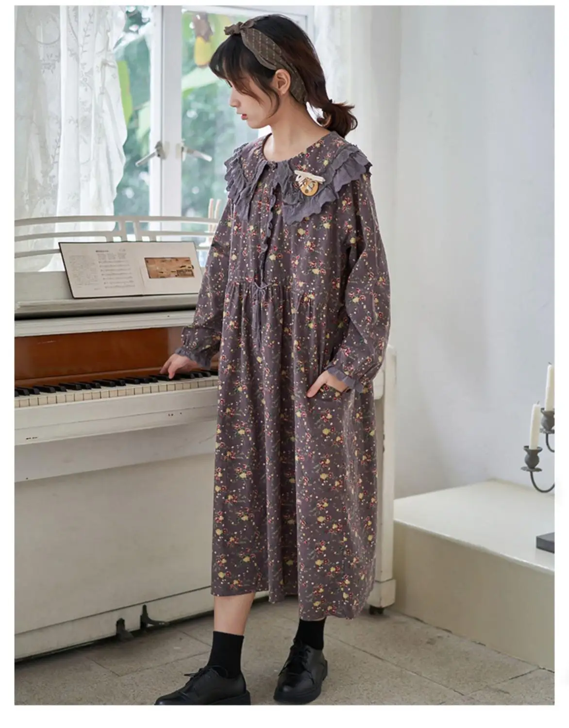 

Autumn Women Literary Vintage Floral Print Midi Dress Cotton Japan Style Mori Girl Lace Collar Loose Long Sleeve Dress