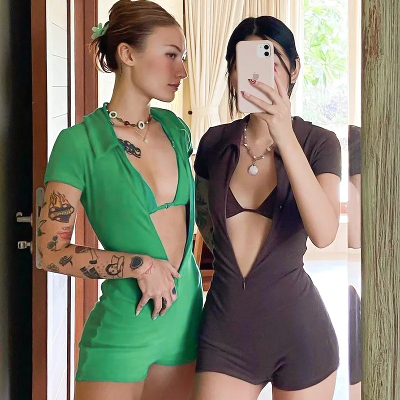 

Женский Летний комбинезон, однотонный Облегающий комбинезон с отложным воротником и коротким рукавом, открытый Облегающий комбинезон на м...