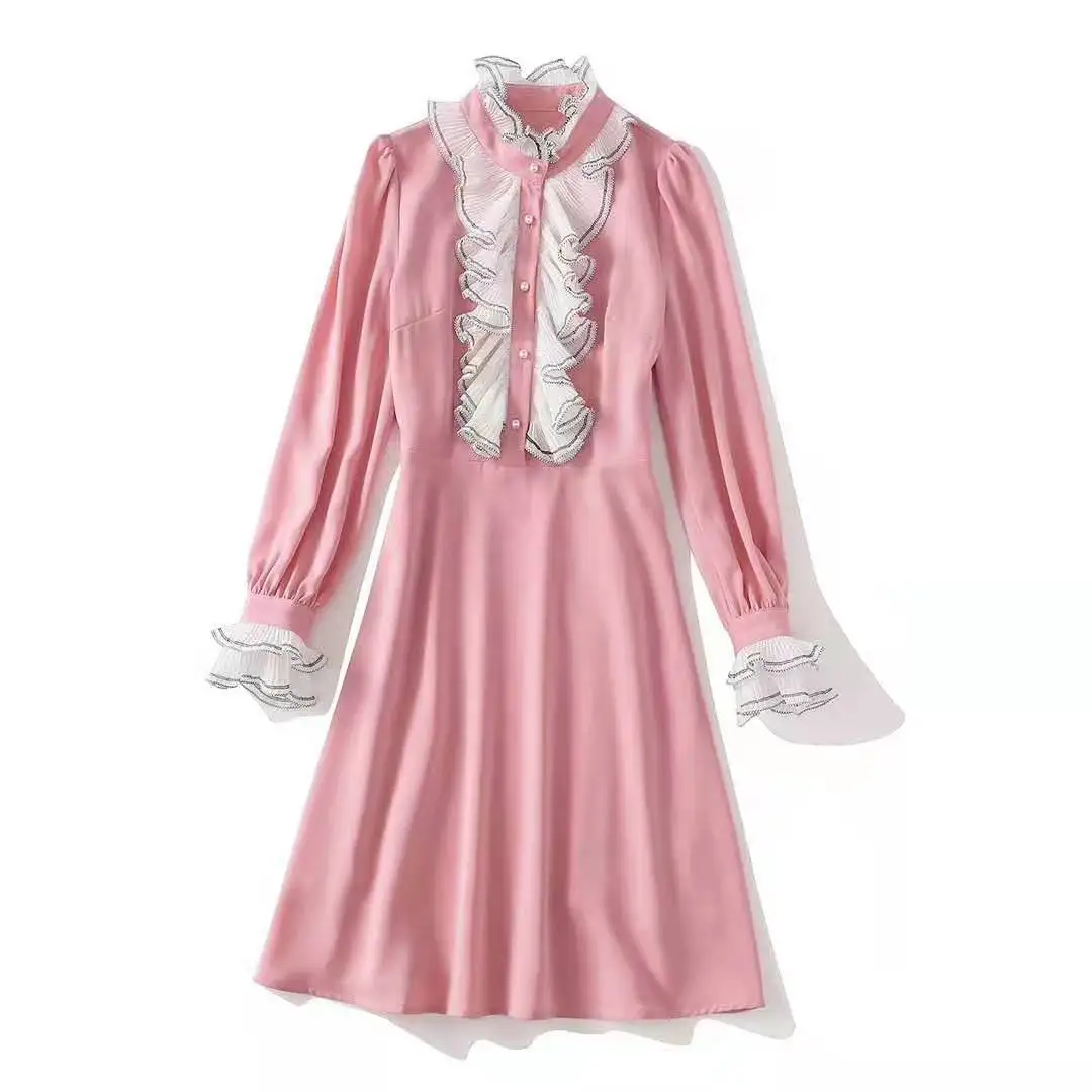 

Женская одежда в европейском и американском стиле, новинка весны 2021, модное розовое платье с длинным рукавом и воротником с воланами