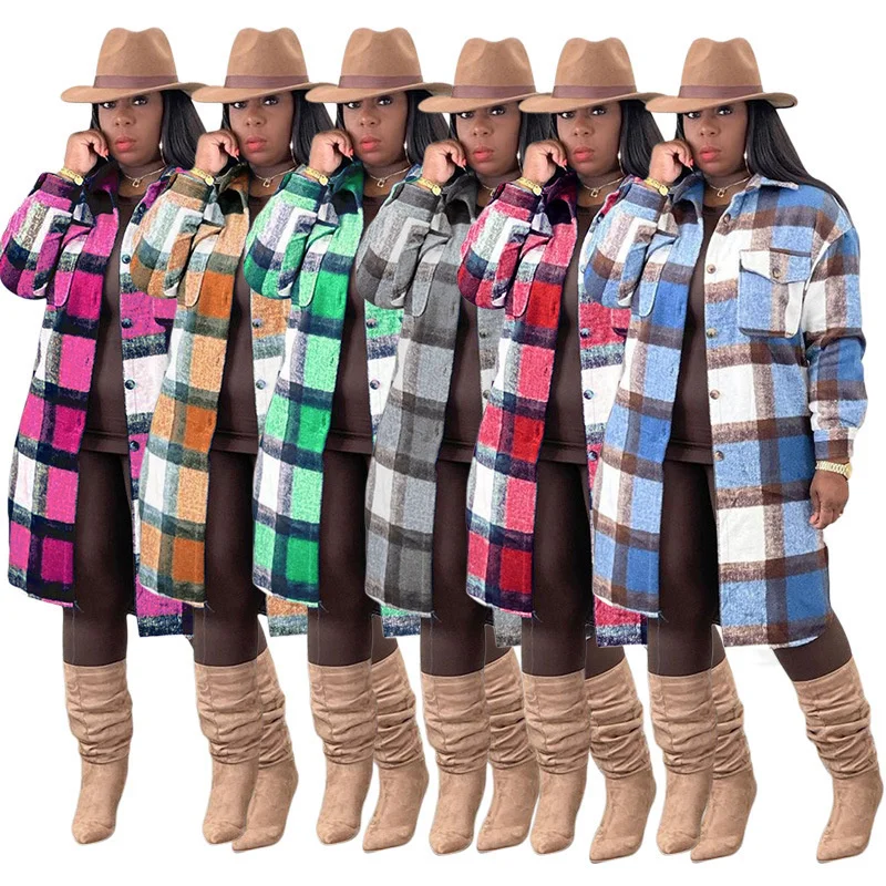 

Cutubly Women's Blouses T Shirt Clothing Full Sleeve Plaid Cardigan Coats Woolen Turn Down Collar Long Jackets Outerwear Autumn