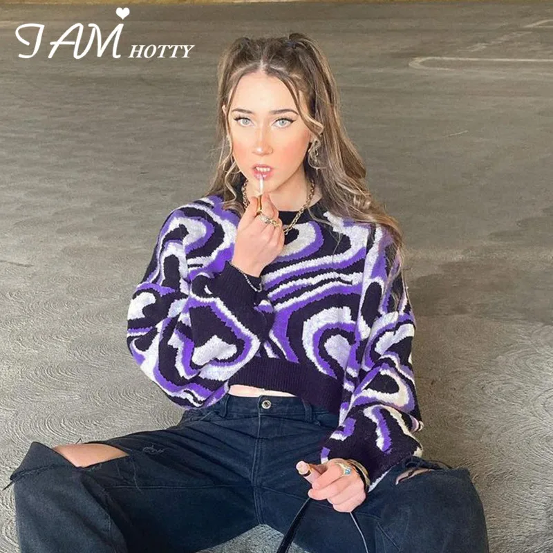 Contrast Color Heart Print Short Sweater Women Harajuku Loose Knit Jumpers Vintage Knitwear Y2K Aesthetic Pullovers New Iamhotty contrast trim figure print sweater