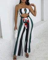 summer elegant party outfits off shoulder striped colorblock cutout sexy ladies bandage jumpsuits casual boho long flare pants