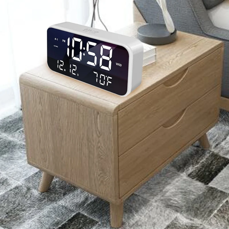 

Large LED Disply Digital Alarm Clock Mirror Dimmer Snooze Intelligent Voice Control MultiFunction For Bedroom Office Travel