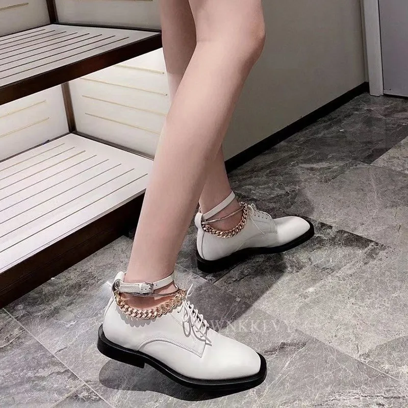 

British Style Square Toe Flat Single Shoes Female Real Leather Metal Ring Chain Ankle Buckle Derby Shoes Women Spring Loafers