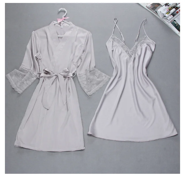 

FZSLCYIYI Women Nightgown Sets 2 Pieces Nightdress Bathrobe Female Satin Kimono Bath Gown Sleepwear Robes