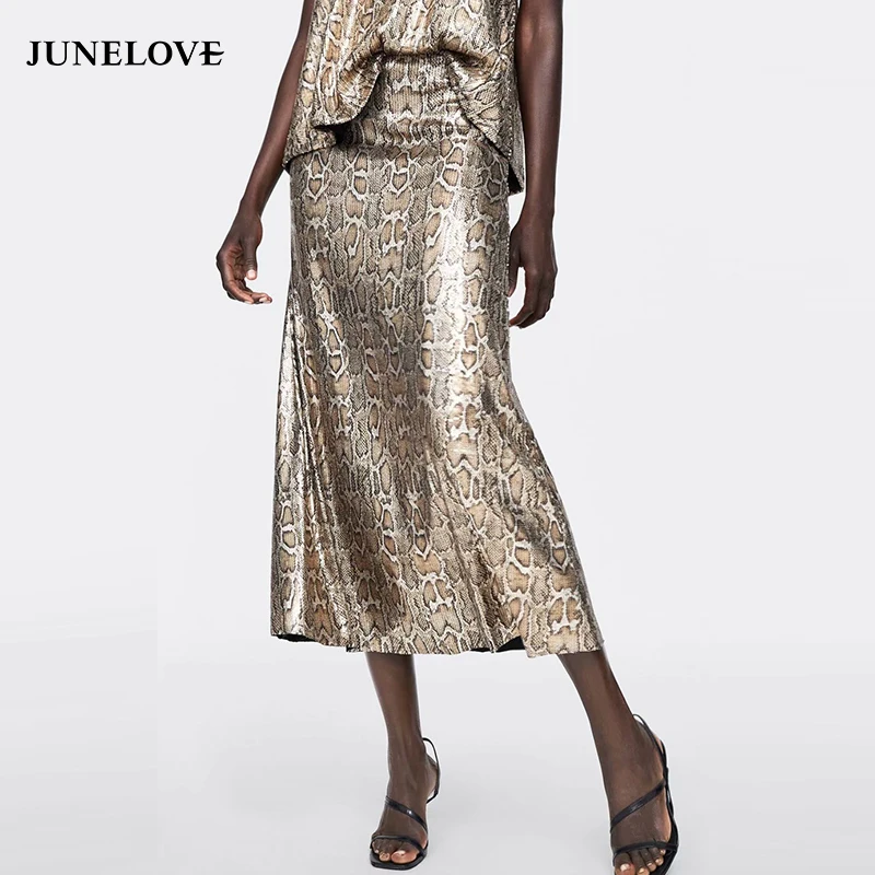 JuneLove Женская Весенняя Юбка со змеиным леопардовым принтом винтажная юбка миди с