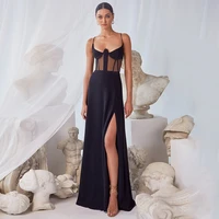 simple floor length black evening dresses high quality jersey spaghetti straps sexy split party gown pageant dresses custom made