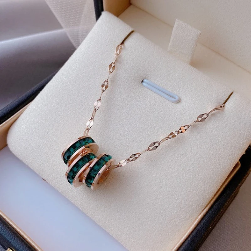 

Classic Green AAA Cubic Zirconia Stainless Steel Pendant Necklace for Girl Women Vintage Bridal Wedding Jewelry Anniversary Gift