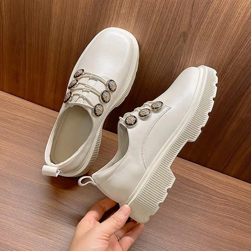 

Krazing Pot big size genuine leather square toe casual spring shoes fashion buttons platform slip on women vulcanized shoes L40