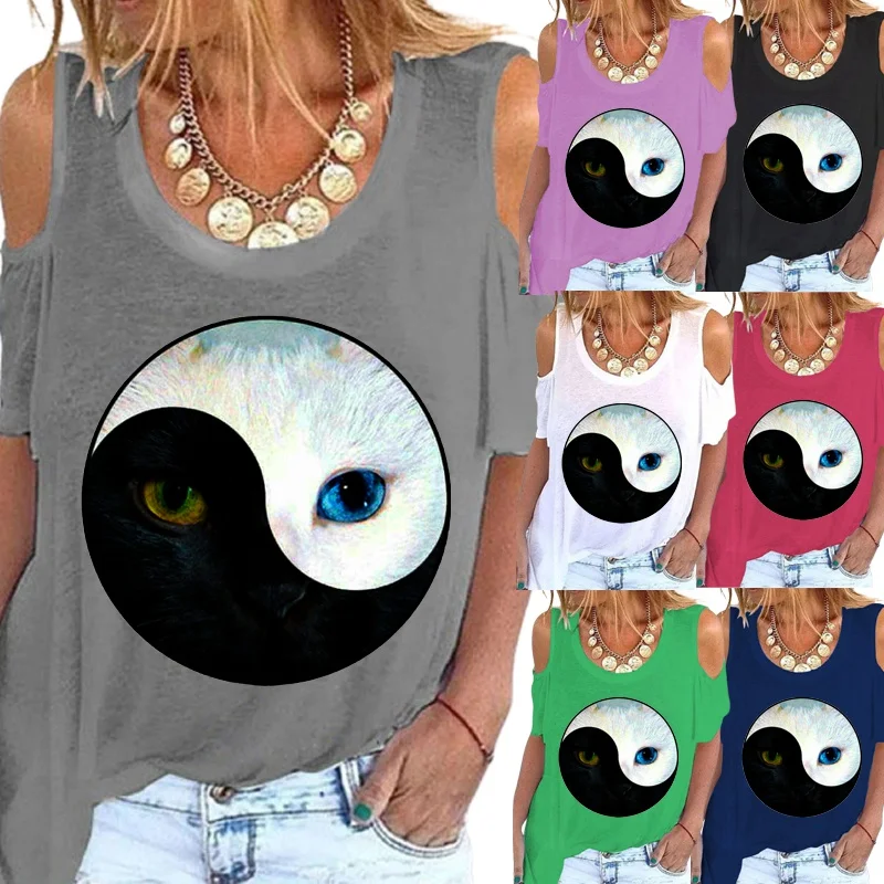 

Женская футболка с коротким рукавом, круглым вырезом и открытыми плечами