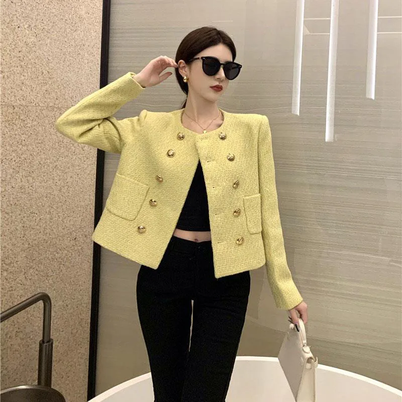 

Elegant Double Breasted Tweed Cropped Jacket Women Vintage Yellow Long Sleeve High Quality Coat Korean Chic Short Outerwear Tops