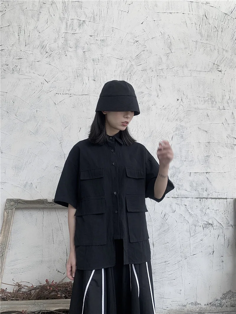 

PADEGAO Women Shirts Cotton Linen Pockets Solid Dark Ribbon Vintage Short Sleeve Shirt Gothic Streetwear Japan Style PDG1335