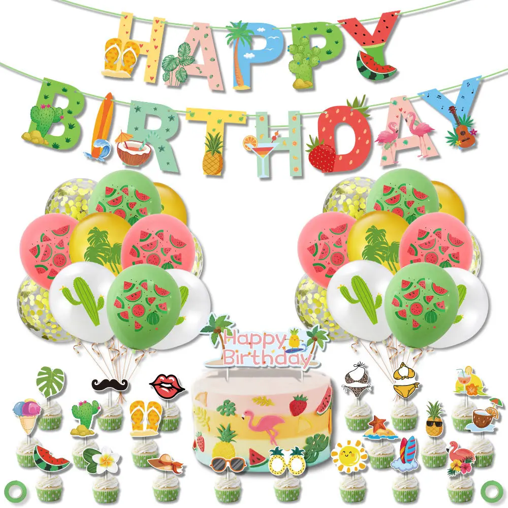 

Hawaiian Theme Happy Birthday Party Decoration Latex Confetti Balloon Set With Paper Banner Cake Topper For Kids Birthday