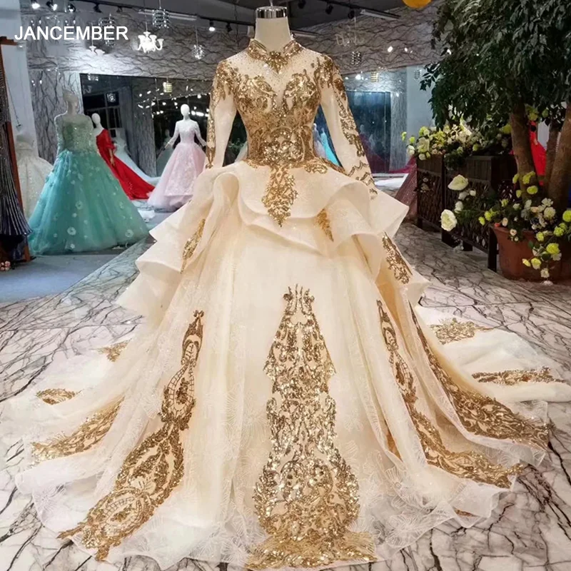 LSS269 мусульманские Вечерние платья с золотыми блестками высоким воротником