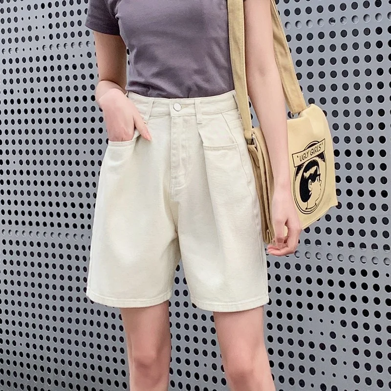 

SHZQ Loose Boyfriend Jeans for Women Plus Size Denim Shorts Jeans Mom High Waist Straight Jeans Short Casual Apricot