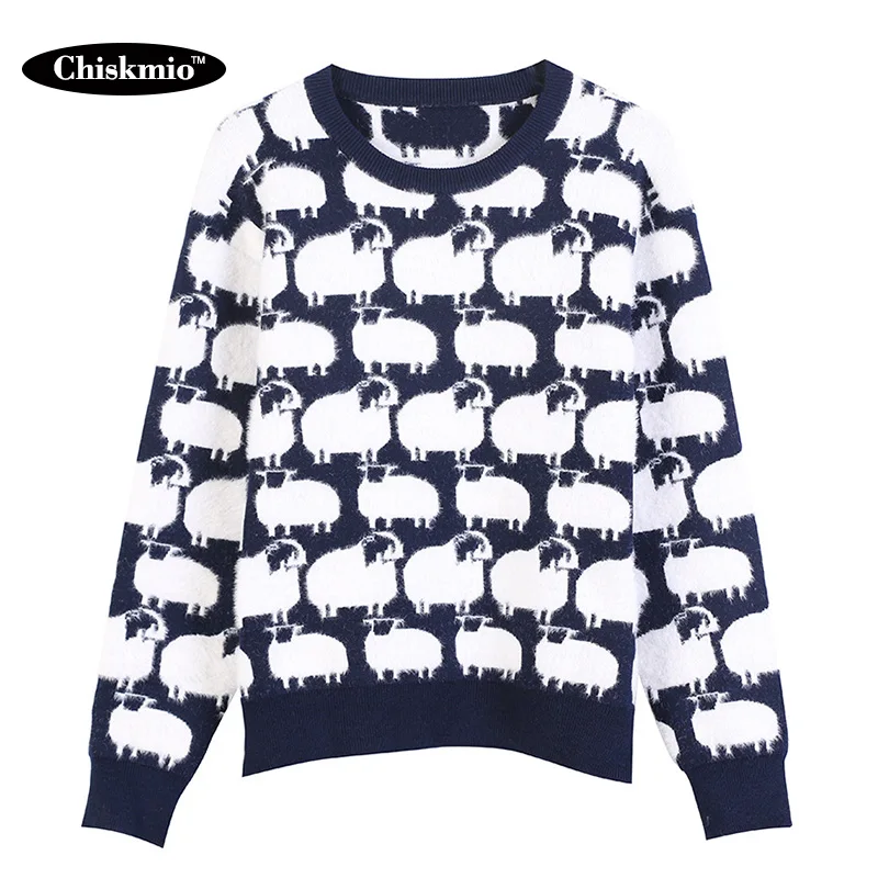 

Sheep Pattern Sweater Women Slim Comfortable Knitting Tops Loose O-Neck Pullovers Ladies Winter Warm Casual Knitwear Harajuku