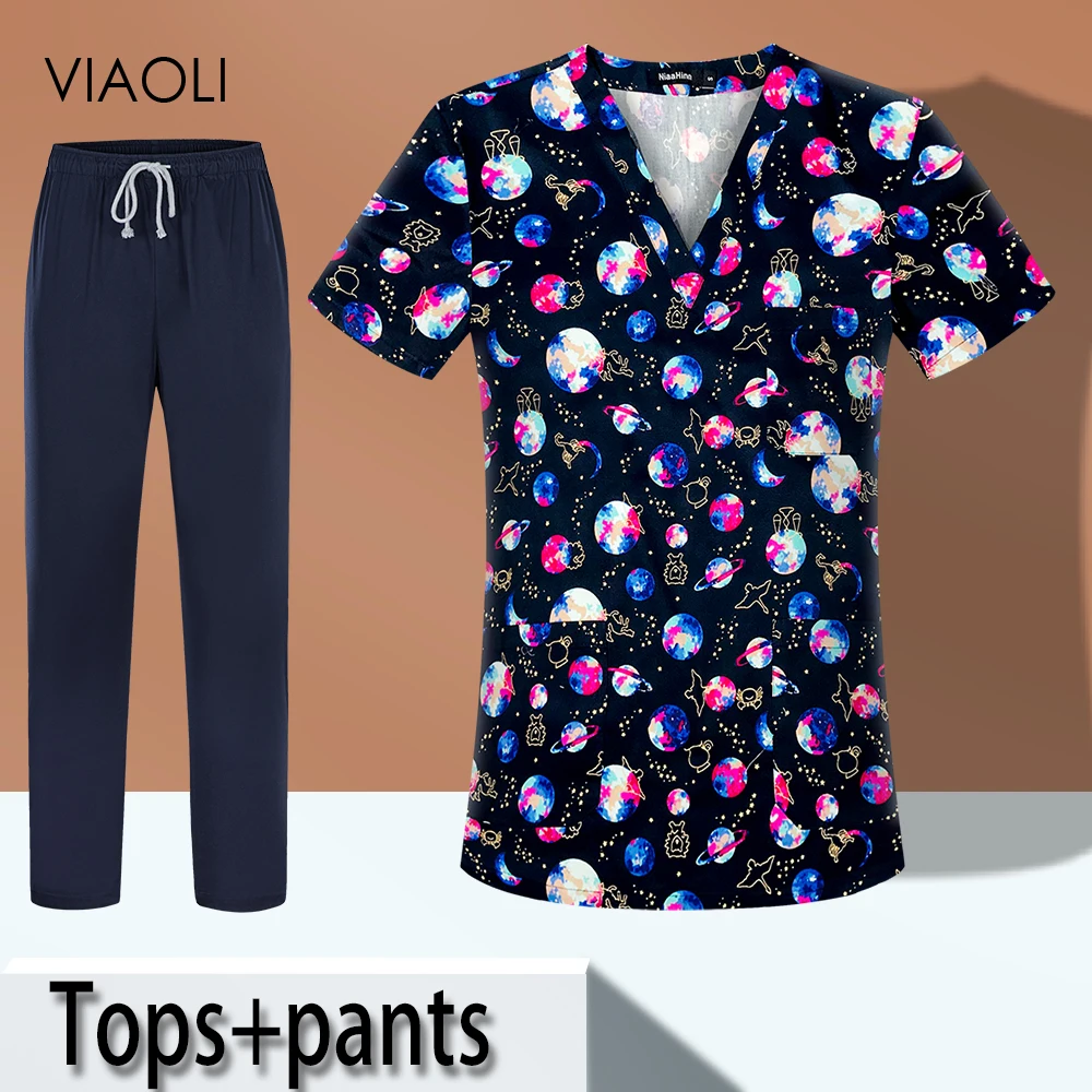 

2021 New Printing Hospital Staff Scrubbing Tops for Dental Clinic Supplies Nursing Uniforms Nurses Female Uniform Shirts Unisex