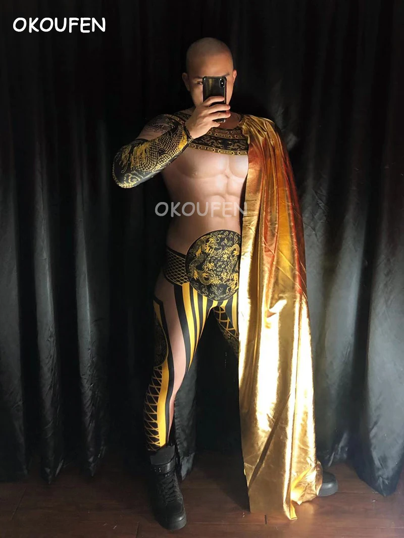 Комбинезоны в китайском стиле с 3d-рисунком под золото костюм для ночного клуба