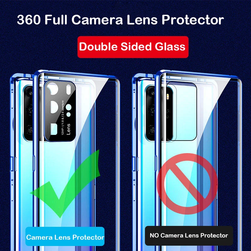 360 Full Metal Magnetic Case For Huawei P40 Pro Plus P50 Honor 80 Aluminum Bumper Adsorption Tempered Glass Phone Cover Honor 70