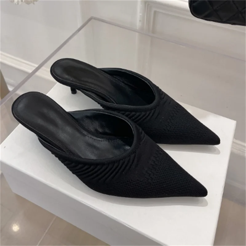 

Kitten Heel Shoes Women Pointed Toe Summer Zapatos Mujer Knitting Office Ladies Chaussure Femme Top Quality Wedding Sandals