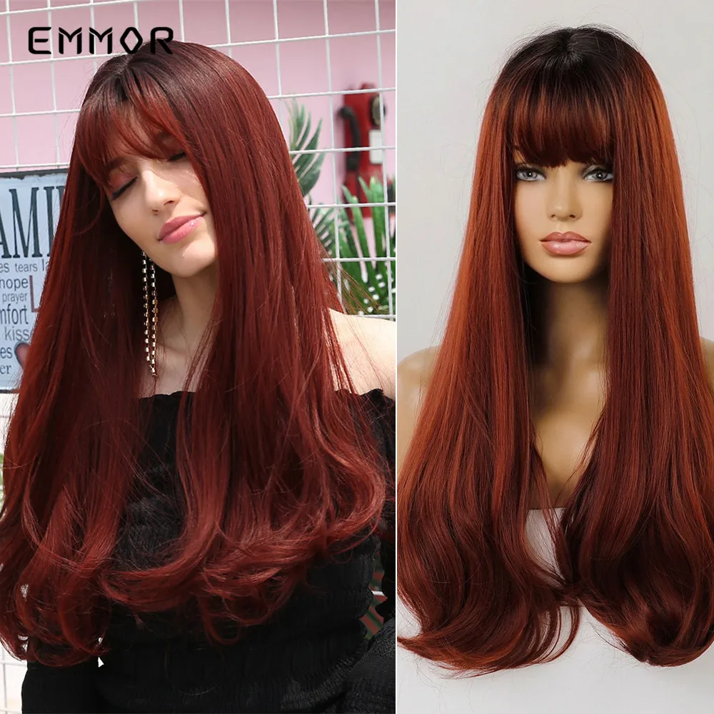 

Emmor Women's Fake Hair Heat Resistant Wine Red Cosplay Straight Wigs with Bangs Long Natural Middle Part Synthetic Wig