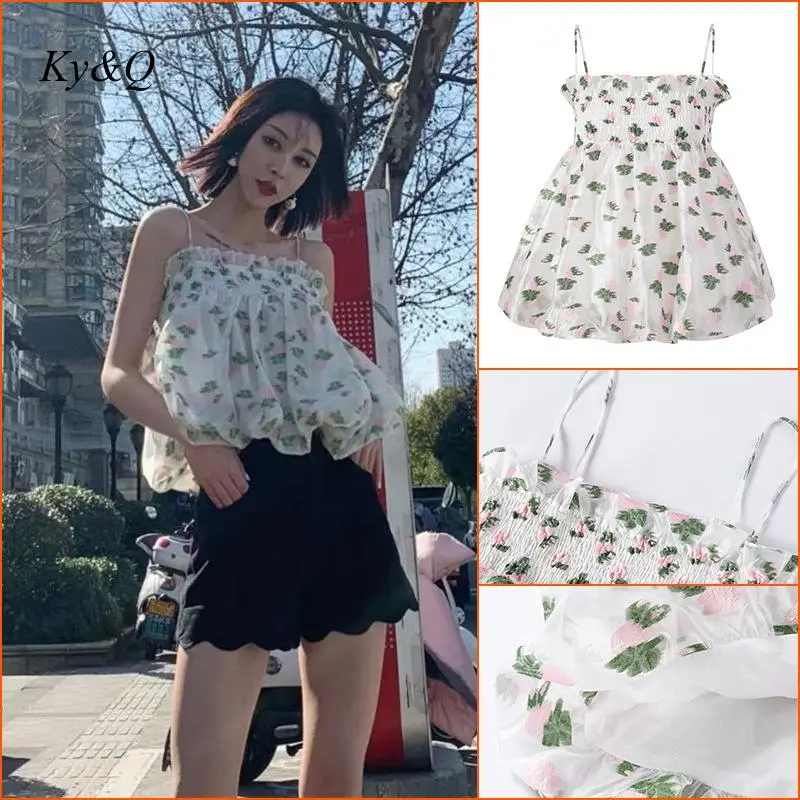 Summer Fashion French Sexy Flower Suspender Vest Cute Girl Puffy Camisole Women Floral Pattern Chic Casual Tank Tops Clothes