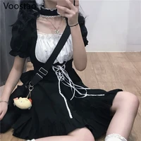 japanese gothic lolita dress women victorian retro puff sleeve slim dress cute soft girls lace ruffles bandage black mini dress