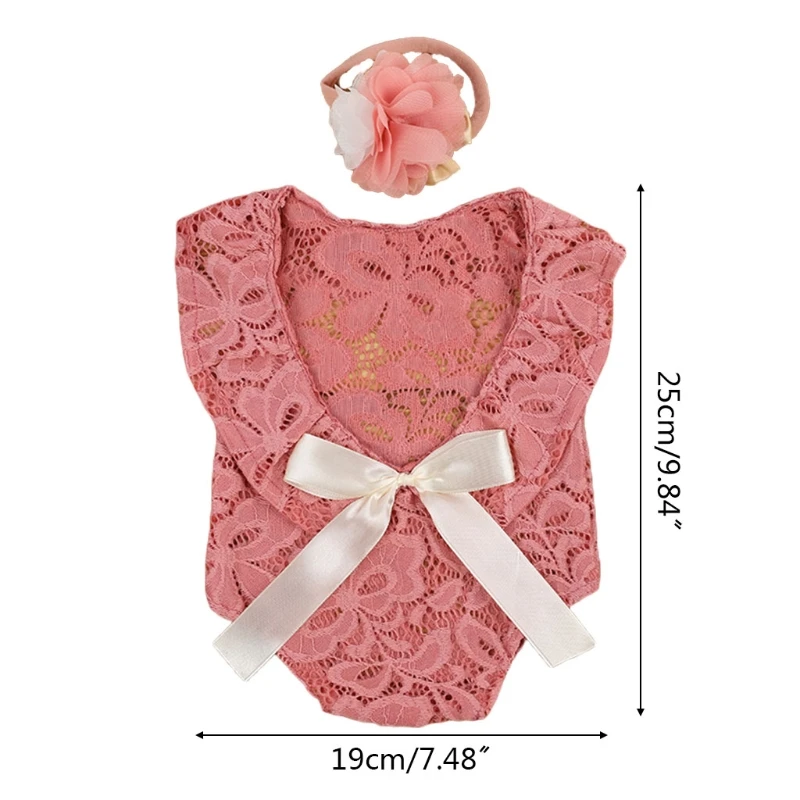 

4XBC Baby Bow Lace Romper Headband Set Newborn Photography Props Bodysuit Jumpsuit with Flower Hair Band Costume