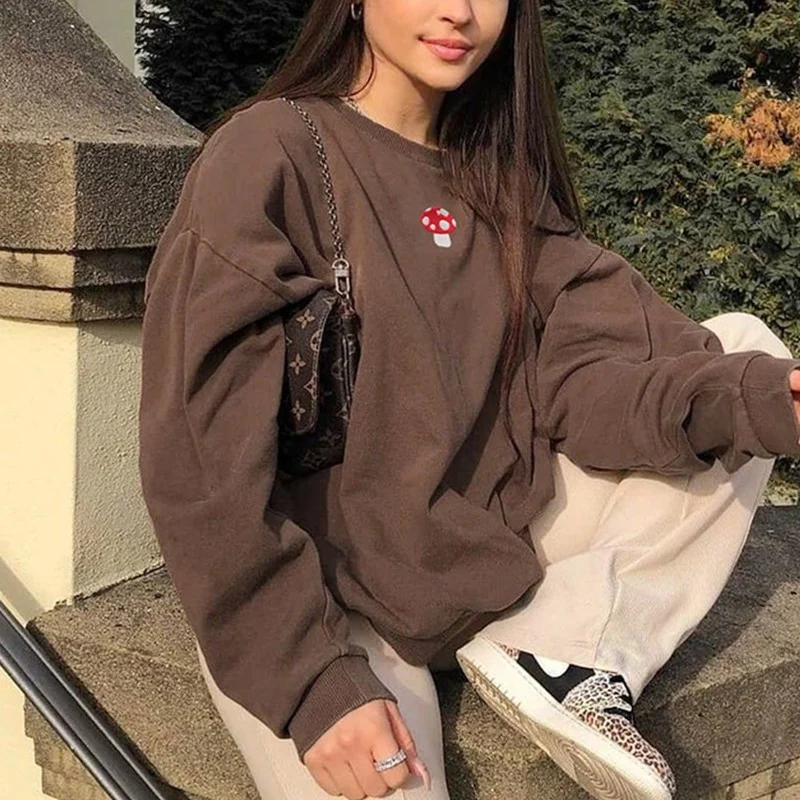 

Женский модный новый однотонный свитшот, милый пуловер с длинным рукавом и круглым вырезом в уличном стиле, женские толстовки с вышивкой в в...