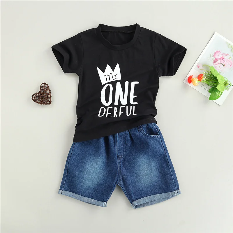 

2Pcs Casual Cotton Baby Boys Clothing Set,Infant Creative Crown Letter Printing O-Neck Short Sleeve Summer Top Denim Shorts Set