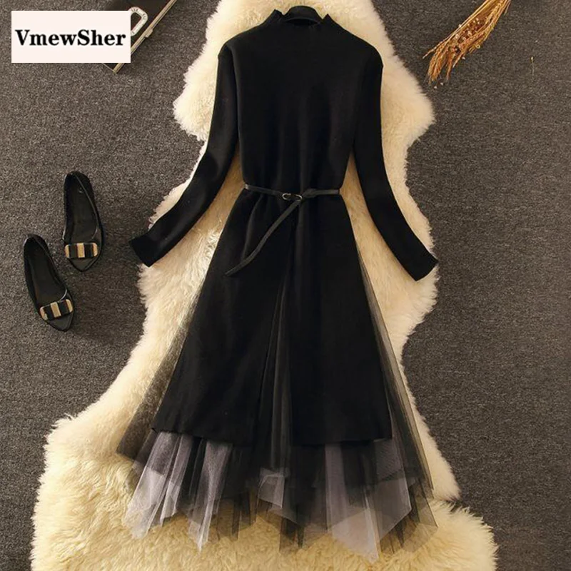 

Женское трикотажное платье VmewSher, черное, винтажное, с высоким воротником, тонкое, комплект из 2 предметов, Осень-зима 2020