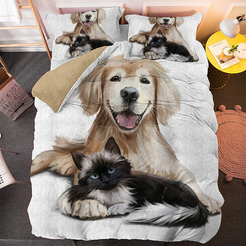 

3D Printed Animal Duvet Cover Best Friends Cat And Dog Bed Sets Cute Bedding Set Puppy Customized Bedding Set For Kids Bedcloth