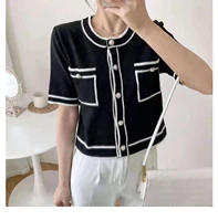 2021 summer the new contrast bar sweater sweet all match slim round neck xiaoxiangfeng knitting cardigan short sleeve