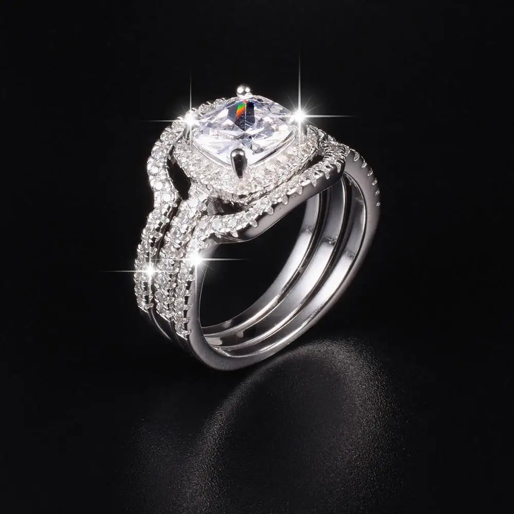 

Luxury 925 Sterling silver Wedding Anniversary Rings for Women jewelry gift Handmade Square white Sapphire Rings Set 3-in-1