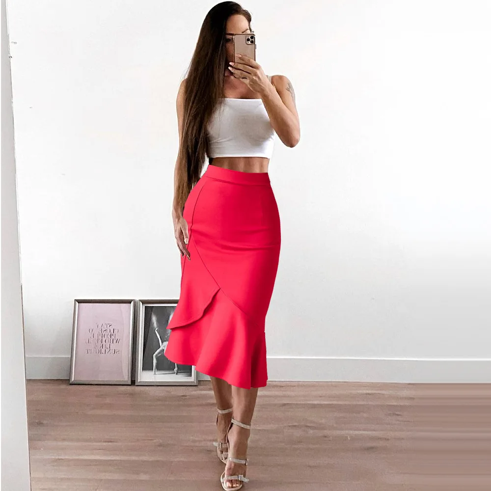 

Mermaid Skirt Women High Waist Slim Elastic Lotus Leaf Sexy Hip Mid-length One-Step Skirts Party Bodycon OL Midi Skirts S-3XL